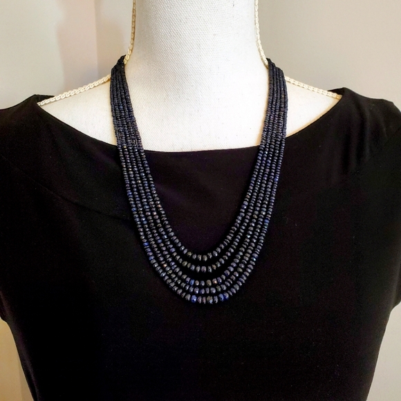 Natural Faceted Sapphire Blue 5-strand Rondelle Beaded Necklace - Picture 1 of 9